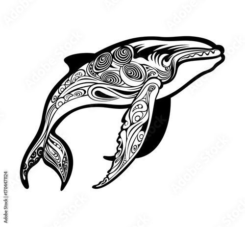 Stylized hand drawn whale in ocean waves, vector illustration, round decorative element