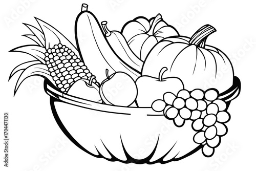 Harvest Fruit Bowl Line Art Illustration for Coloring Pages and Autumn-Themed Crafts – Ideal for Thanksgiving Decor