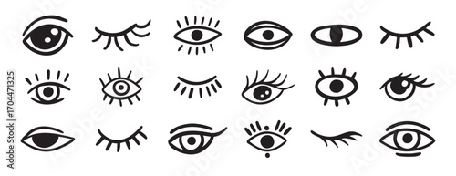 eyes and lashes doodle hand drawn icon set. Outline drawing line clipart symbol collection