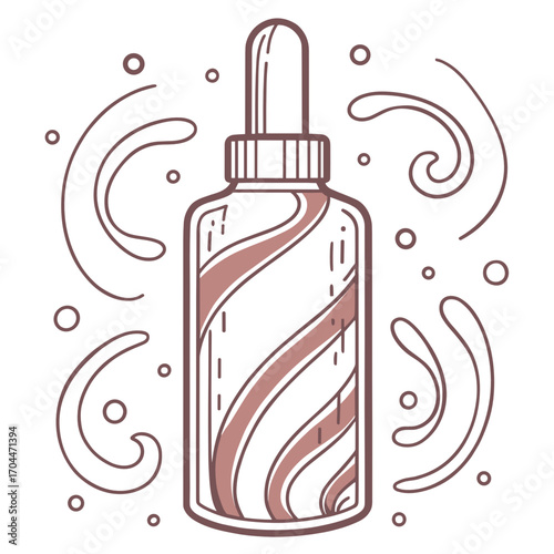 Bottle of massage oil with decorative swirls and soothing patterns  