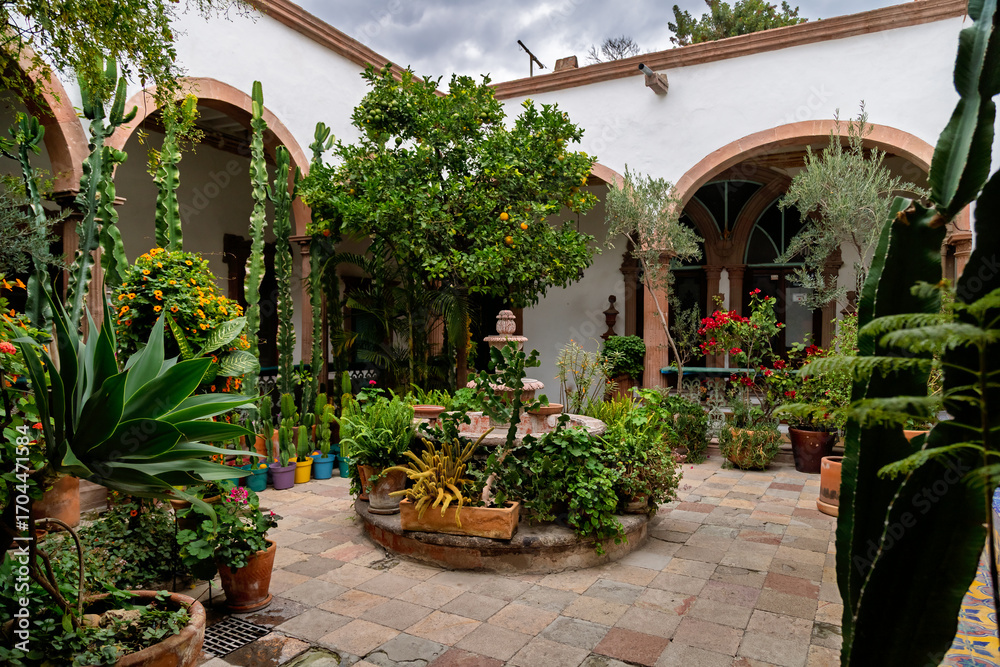 Fototapeta premium Colonial courtyard garden with fountain and tropical plants in historic center of San Miguel de Allende, Mexico