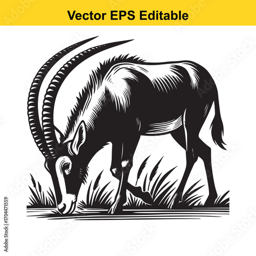 Vector art of black and white illustration of a sable antelope grazing in grass