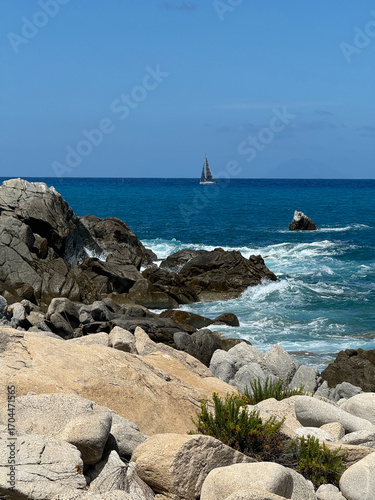 Wallpaper Mural Mediterranean Sea in Calabria, Italy, sailing yacht and sea surf among rocks Torontodigital.ca