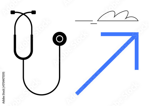 Stethoscope, cloud sketch, and upward arrow signifying healthcare, medical growth, innovation, sustainability, diagnostics, success and progress. Ideal for medical trends healthcare advancement