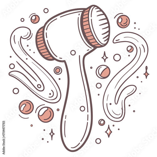 Facial cleansing brush illustration with swirling bubbles and sparkles  