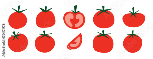 Flat tomato icons set, red tomato illustrations with green stems, fresh food elements