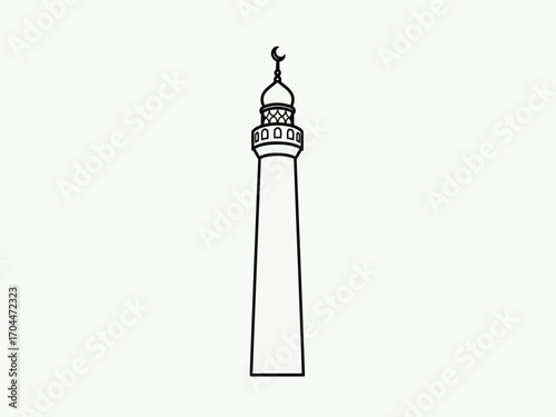 Simple outline drawing of a tall minaret tower with crescent moon topper