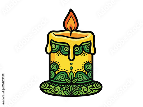 Decorative burning candle with intricate patterns and dripping wax