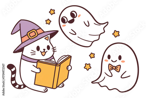 A cute ghost Halloween with cat PNG , kids coloring book ,vector art, illustration art  