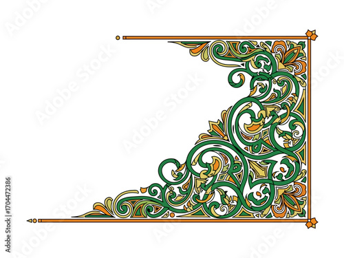 Ornate green and gold decorative corner flourish with floral elements
