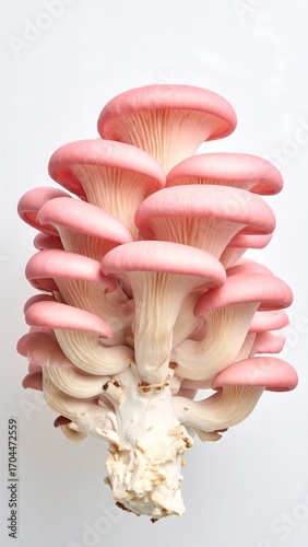 Cluster of vibrant pink mushrooms on white background