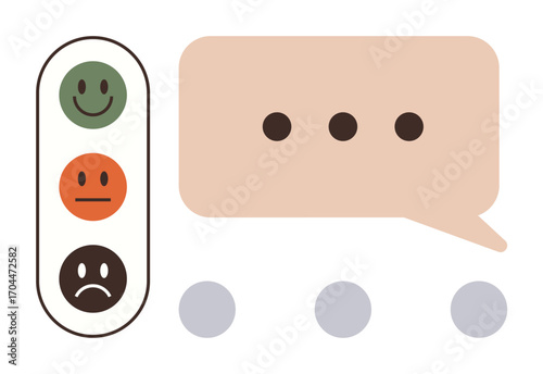 happy face scale representing positive, neutral, and negative feedback next to a speech bubble. Ideal for communication, survey, feedback, review, opinion emotion customer satisfaction. Simple flat