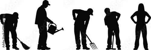 Silhouette of workers doing different tasks, sweeping, watering plants, digging, holding tools, standing pose, black vector illustration, gardening, labor, teamwork concept
