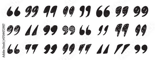 quotation mark doodle testured hand drawn icon set. quotation mark drawing line clipart symbol collection