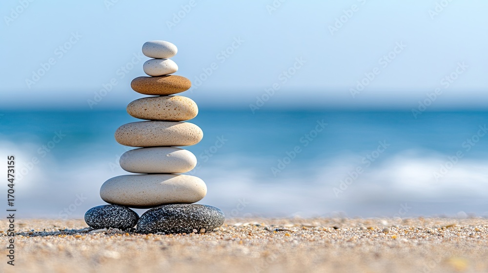 Fototapeta premium Balanced stones on beach with ocean background