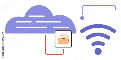 Cloud with lines, folder connected to cloud via cable, wireless icon showing wireless connectivity. Ideal for technology, communication, remote collaboration, file access, online data sharing