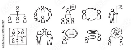 meeting team icon work team doodle hand drawn icon set. Outline drawing line clipart symbol collection