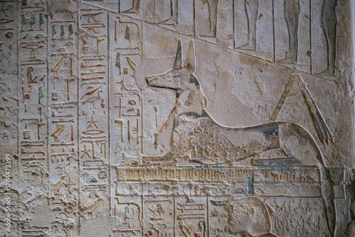 Representación de Anubis entre jeroglíficos en tumba egipcia
