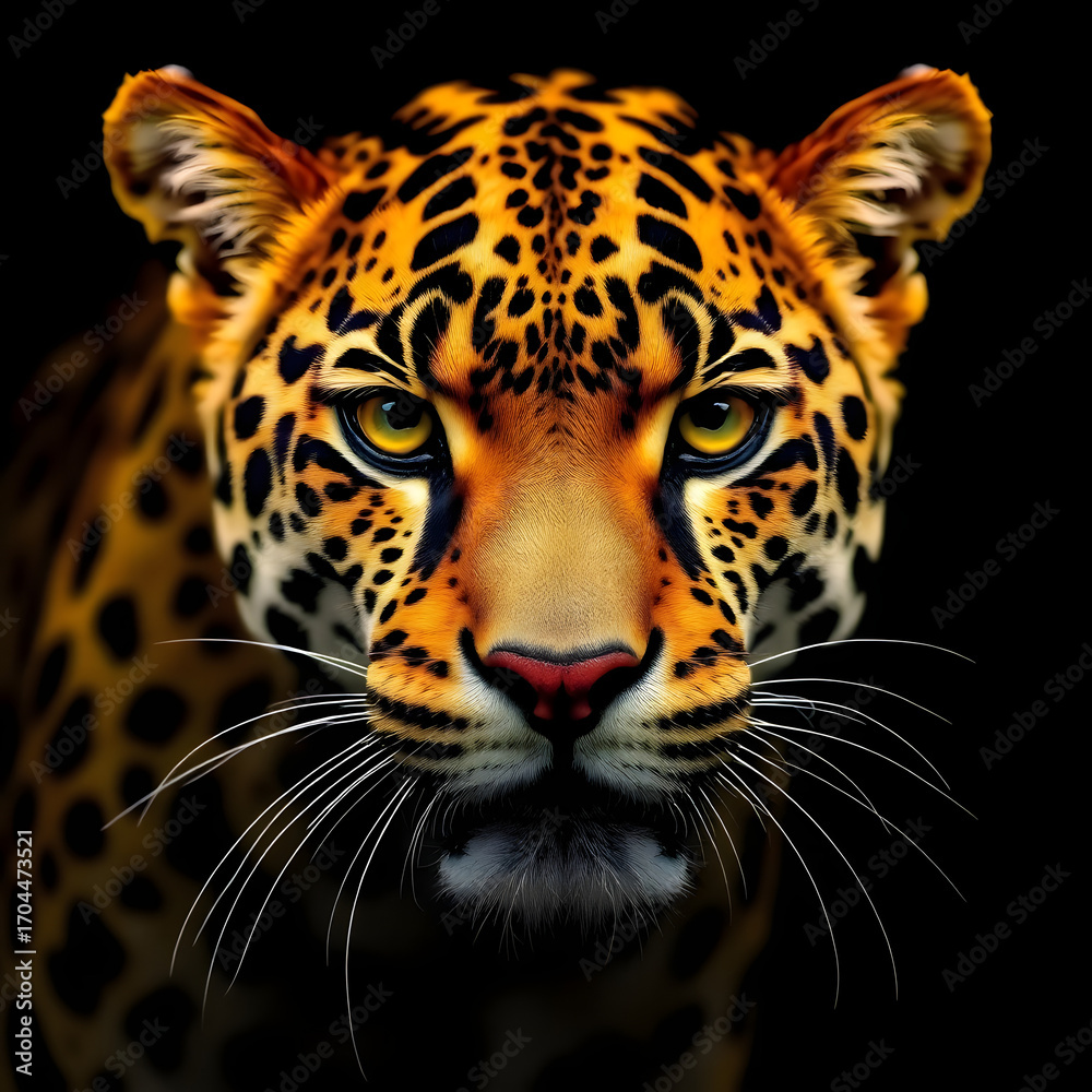 Obraz premium Majestic Leopard Staring Intently with Golden Eyes on Black Background