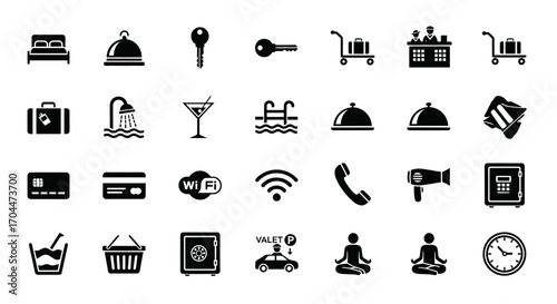 Essential Symbols for Hotels, Check-in, and Amenities in a Minimalist Style