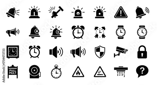 Icons of Warning Signals, Alarms and Clocks in Black and White Graphic Design