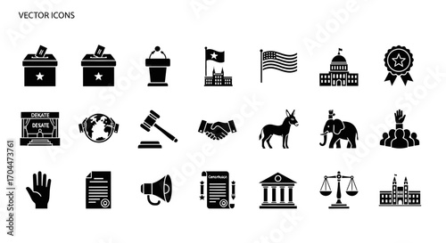Voting Icons, Political Symbols, Vector Illustration, Legislative Environment, Digital Design, Icon Set