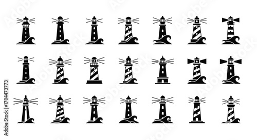 Iconic Maritime Structures, Nautical Design, Coastal Setting, Graphic Illustrations, Vintage Style