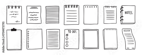 sheets various notebooks doodle hand drawn outline set. paper with stripes or dots, blank collection. Notebooks reminder, memory sketch pages. notes sheet