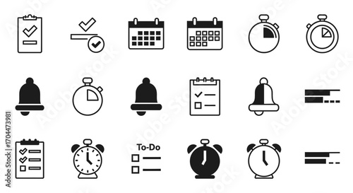 Icons Featuring Clocks, Checklists, and Alarms in Minimalist Style