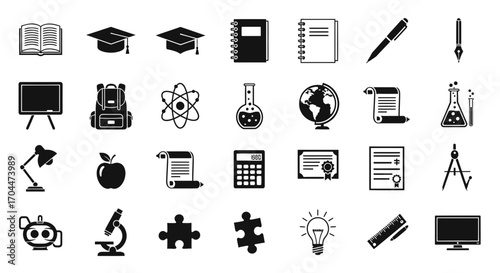 Educational Icons, School Supplies, Classroom Setting, Vector Graphics, Learning Environment, Top-Down View, Knowledge Representation