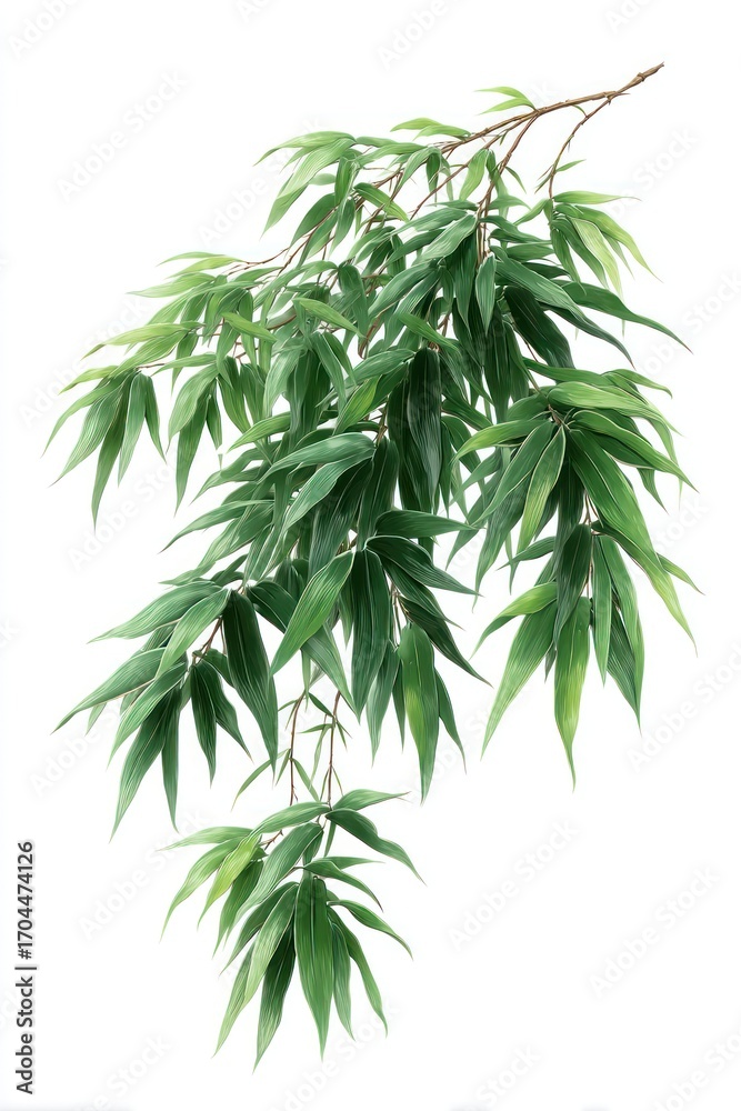 Fototapeta premium Lush bamboo leaves cascade gracefully against a pristine white background.
