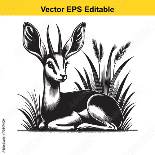 Vector art of black and white illustration of a gazelle lying down in tall grass