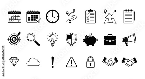 Calendar, Clock, Checklist, Map, and Strategy Graphics in a Minimalist Design