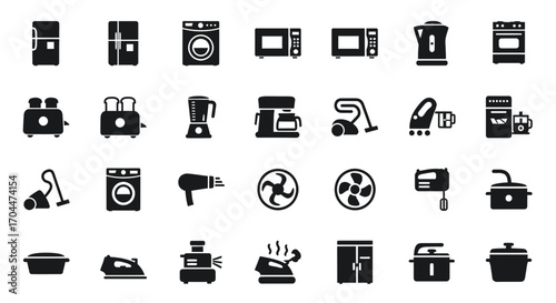 Kitchen Appliances, Icon Set, Digital Design, Modern Environment, Black and White Style, Flat View, Conceptual Graphics