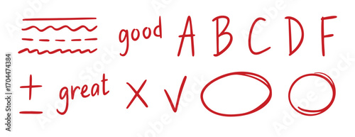 grading doodle element set. Red grades result, round accent line, plus and minus sign, school exam hand drawn icon. Outline drawing line clipart symbol collection