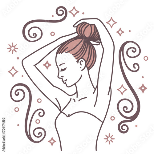 Young woman styling her hair in a bun with decorative swirls 