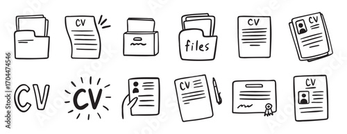 cv and resume and self presentation related doodle hand drawn icon set. Outline drawing cv line clipart symbol collection