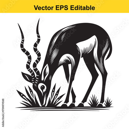 Vector art of black and white illustration of a gazelle grazing on grass