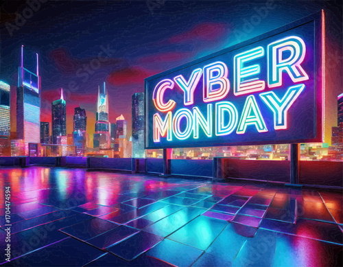 A screen with big, colorful Cyber Monday discounts flashing over a city skyline