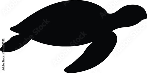 Minimal vector silhouette, sea turtle swimming flippers wide, side view, solid black
