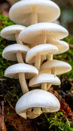 Cluster of white mushrooms on mossy log