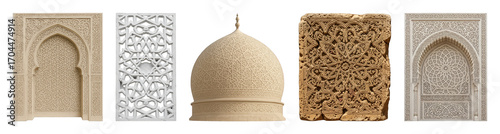 Islamic architecture set including ornate arches, decorative panels, and a dome isolated. Middle Eastern cultural design elements.
