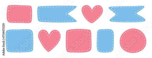 patches different shapes with dotted line set. Cute pastel templates, place for text or photo frames. Girl and boy birth frame. Decorative vector elements. Blue and pink dotted patches.