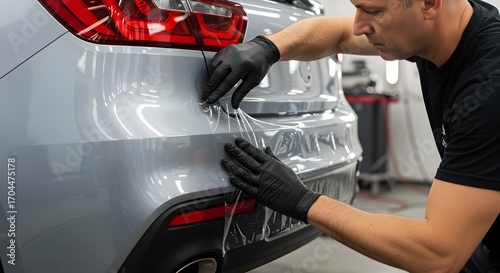 Professional Technician Applying Car Paint Protection Film on Rear Panel in Workshop