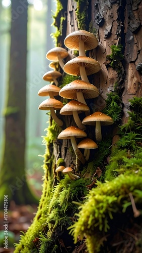 Clustered mushrooms on mossy tree trunk in forest