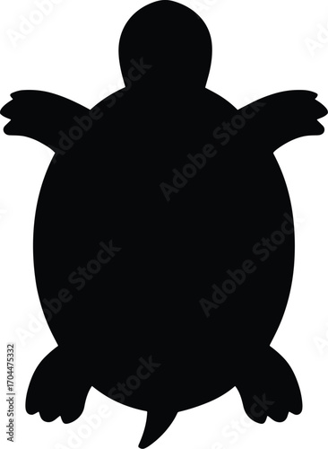 Minimal vector silhouette, tortoise top view oval shell with short legs splayed, solid black