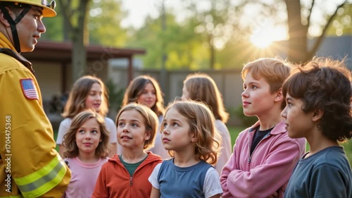 Firefighter teaching group of attentive children about safety. Kids listening to community hero outdoors during sunset. Public service and education concept