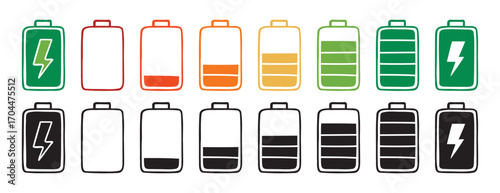 battery indicator color and black charge doodle hand drawn icon set. Outline drawing line clipart symbol collection