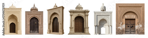 Islamic architectural entrances set including diverse carved arches, domes, and wooden doors isolated. Traditional Middle Eastern and Arabian design elements.