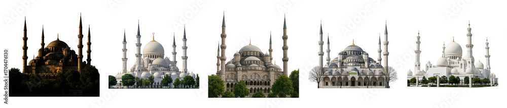 Fototapeta premium Mosque architecture set including various historical and modern styles isolated. Islamic religion and travel collection.